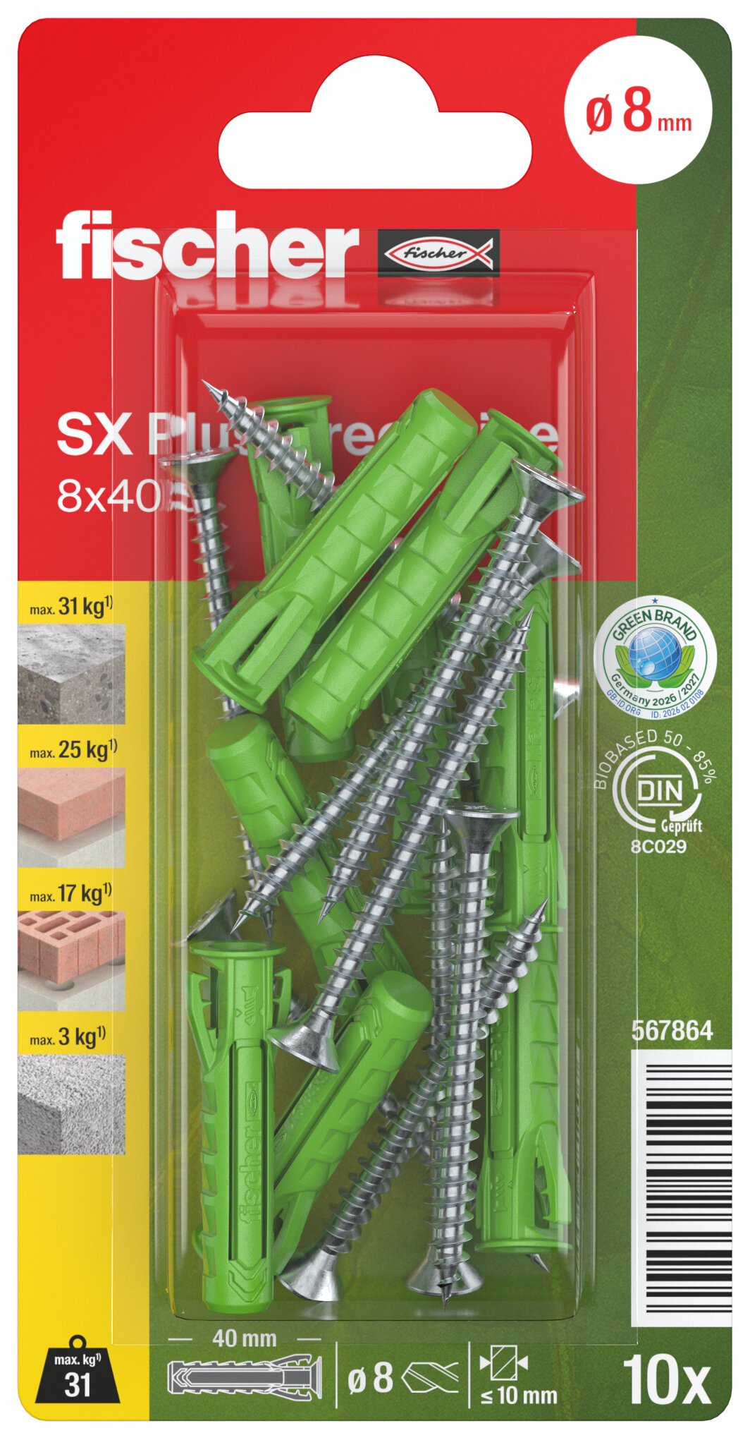 fischer expansion plug SX Plus GreenLine 8 x 40 S with screw